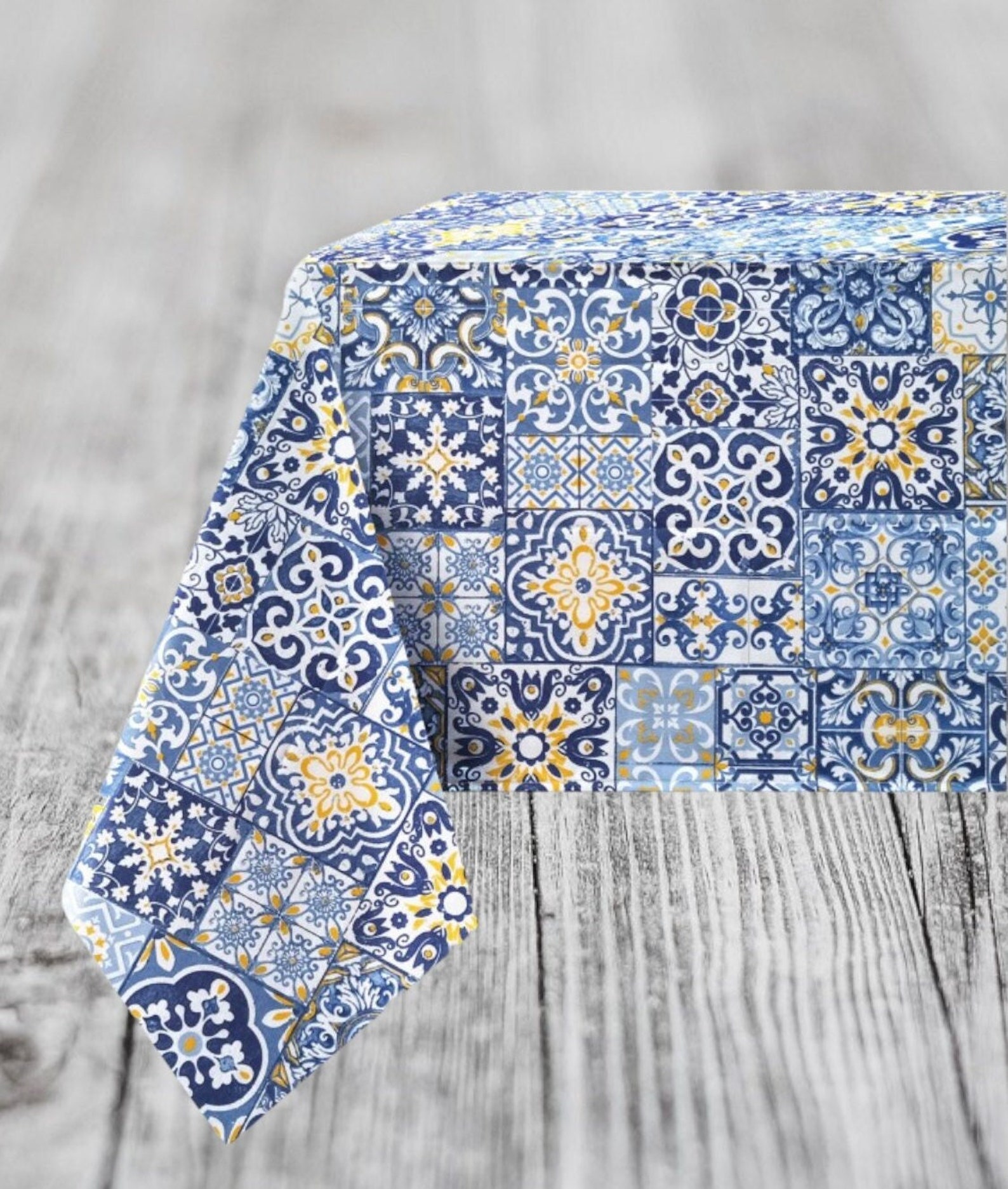 Italian Cotton Tablecloth – Blue Majolica Tile Print – Amalfi Coast Kitchen Decor - Mediterranean Dining Tablecloth - 55x 90 inches