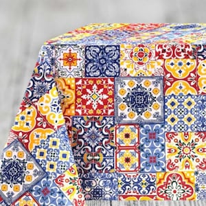 Sicilian Tile Tablecloth: Waterproof Mediterranean Mosaic, Coated Cotton