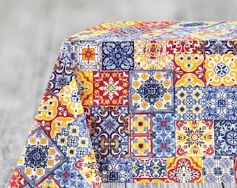 Sicilian Tile Tablecloth: Waterproof Mediterranean Mosaic, Coated Cotton