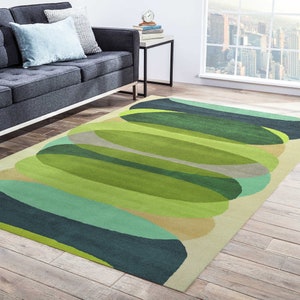 Green Abstract Rug, Modern Area Rug for Bedroom, Mid Century Style, Contemporary Floor Covering, Unique Design, Stylish Home Decor