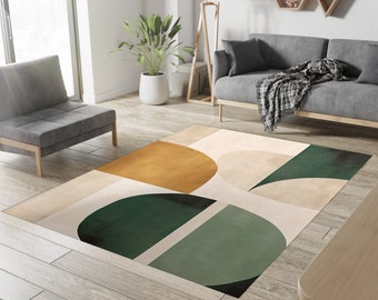 Formas abstractas Tonos Alfombra de área moderna verde, Decoración de dormitorio boho, Arte moderno, Alfombra contemporánea, Decoración de sala de estar, Alfombra de detalles verdes