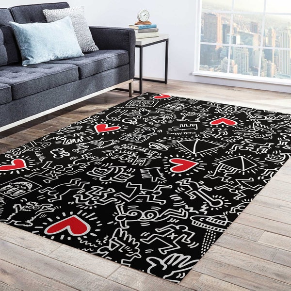 Black and White Popular Print Rug, Non-Slip Rug, Rugs For Living Room, Pop Art Rug, Cool Rug, Themed Rug, Living Room