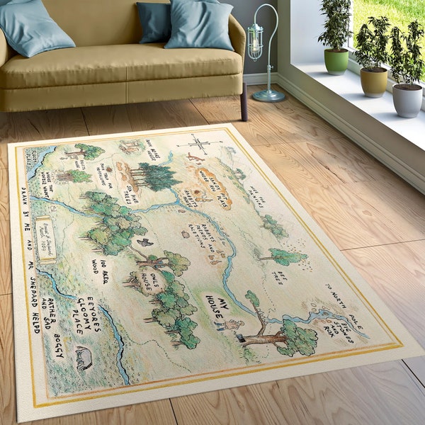 100 Acre Wood Map Rug, Winnie The Pooh Area Rug, Kids Play Rug Vintage Rug, Rugs For Living Room, Home Decor Rug