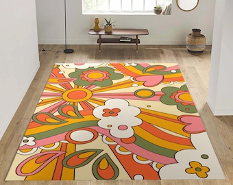 Floral Retro Groovy 70S Rug, Funky Trippy Rug, Designer Rug, 70S Rug, Boho Rug, Area Rug, Personalized Rug, 80S Rug, Flower Groovy Rug,