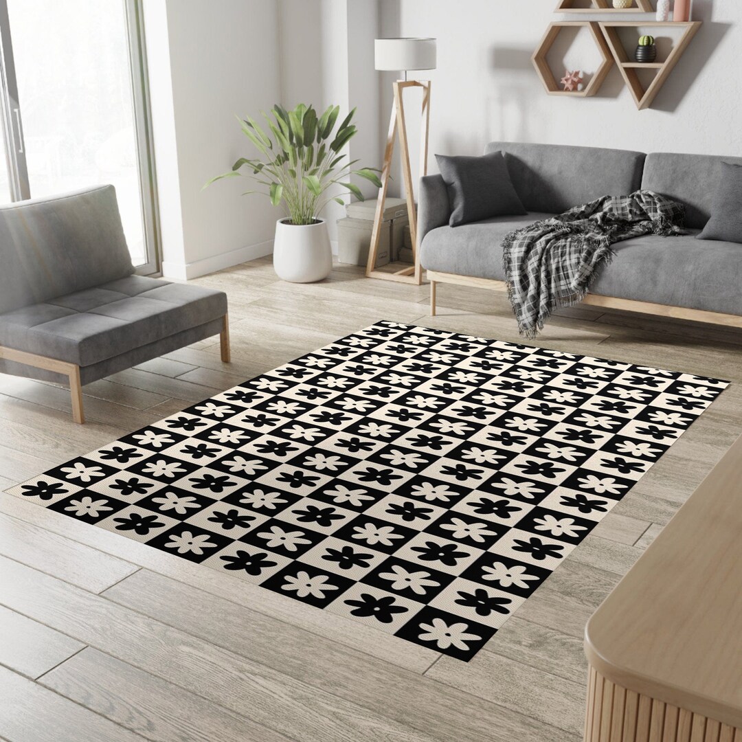 Black and White Checkered Rug, Cute Rugs for Bedroom, Aesthetic Retro