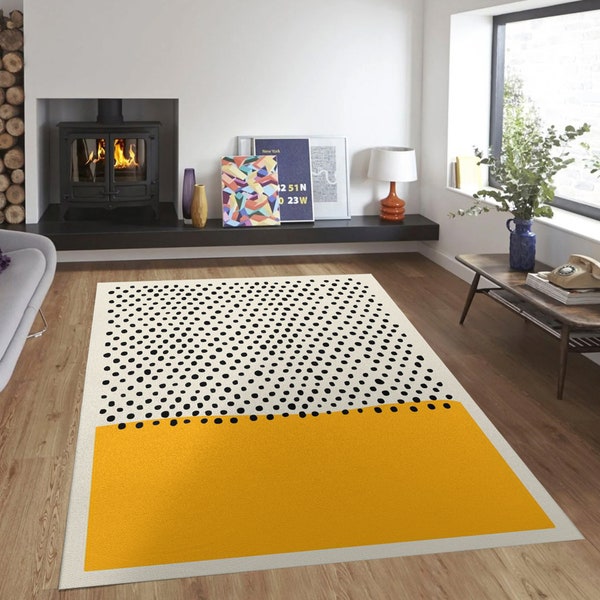 Alfombra moderna amarilla y negra de mediados de siglo, estilo escandinavo, alfombra de sala de estar, alfombra de área retro de los años 70, alfombra geométrica abstracta neutra