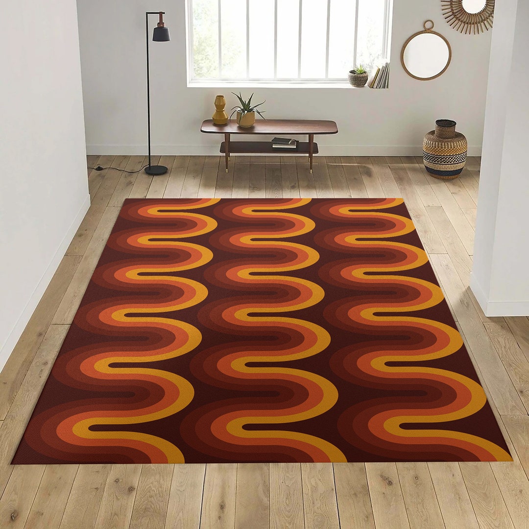Brown Groovy Retro 70s Area Rug, Brown Orange Geometric Rug, Groovy