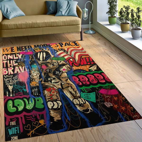 Astronaut Graffiti Pop Art Rug, Modern Portrait, Cool Painting, Unique Wall Decor, Colorful Gift for Him