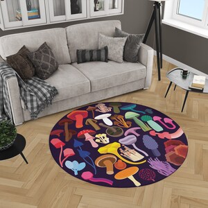 Colorful Mushroom Round Rug, Colorful Round Hippy Carpet for Bedroom ...