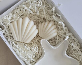 Muschel Kerze Geschenkbox, Sojawachs Kerze, Muschelschale, Seestern Schale, Geschenk für Frauen, Maritime Deko, Strand Deko