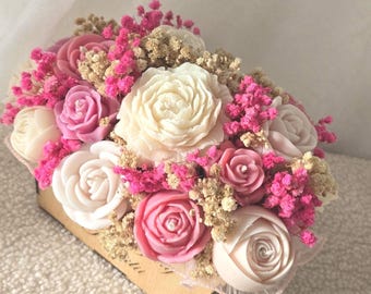 Sojawachs Kerzen Blumenstrauß in Holzbox mit Gravur, personalisiertes Geschenk, handgefertigt, individuell wählbar, Frauentag Geschenk