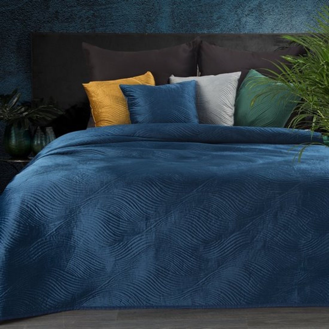 Navy Velvet Bedspread, Dark Blue Bedspread UK, Luxury Blue Bedspread