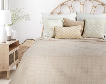 Beige cotton bedspread, beige luxury bedspread UK, king size bedspread, 220x240cm bedspread, luxury bedding, cotton bedding, cotton throw