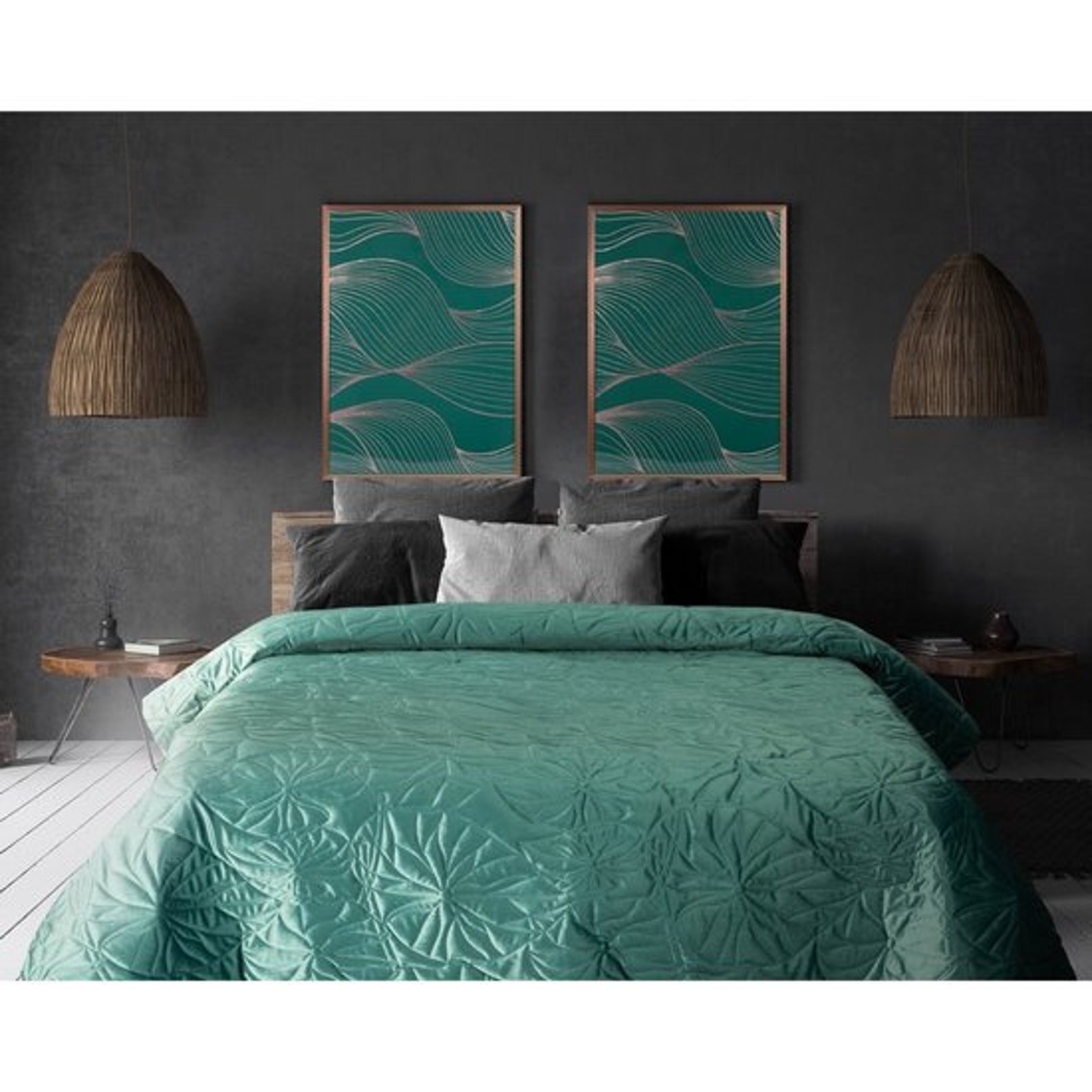 Desert Sage Green Velvet Bedspread, Dark Green Bedspread UK, King Size