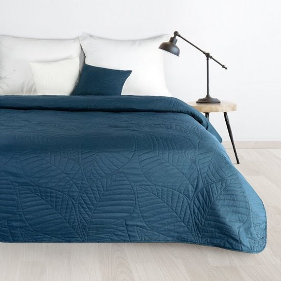 Couvre-lit en velours marine, couvre-lit bleu foncé ROYAUME-UNI