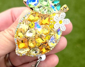 Lemon Badge Reel Oversized Bling Rhinestone Fruit Summer Badge Holder Nurses ID Tag Yellow Teachers Name Holder Lemonade Badge Reel Sparkle