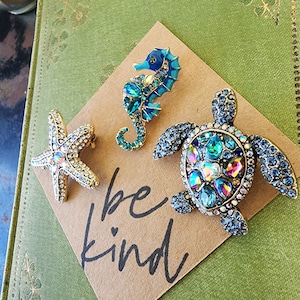 Brilliant Rhinestone Shimmering Sea Life Brooch Set Sea Turtle Brooch Starfish Lapel Pin Seahorse Brooch Secure Stunning Colors Gift for mom