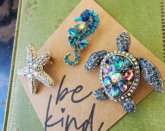 Brilliant Rhinestone Shimmering Sea Life Brooch Set Sea Turtle Brooch Starfish Lapel Pin Seahorse Brooch Secure Stunning Colors Gift for mom