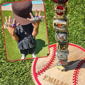 Personalized Baseball Ring Display Championship Ring Stand Sports Trophy Holder Stacked Ring Wood Engraved Wood Team Gift Travel Baseball
