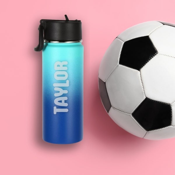 Kids Personalized Sports Water Bottle 18oz Laser Engraved Sport Team Gift Idea Stainless Steel Baseball Custom Design  Straw Top Soccer Cup