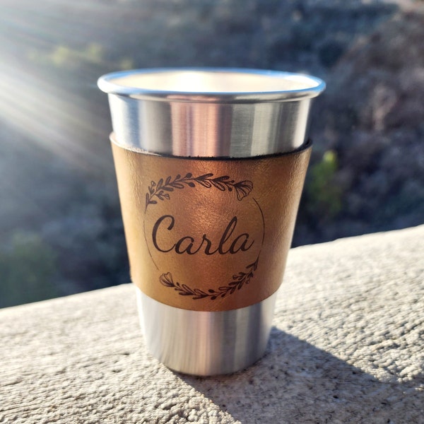 Real Leather Cup Sleeve & Stainless Steel 16oz Drink Custom Laser Engraved Bachelor Gift Idea Father Day Birthday Unique Wedding Party Idea