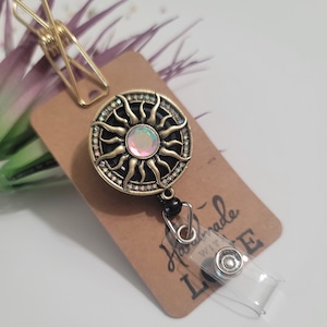 Name Badge Holder - Retractable Reel-Multicolor sun Rhinestone Antique Gold  Flares Summer Jewelry Nurse Gift Christmas Gift
