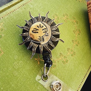 Moon and Sun Badge Reel Nurse Retractable Badge Reel Two Tone Gold and Silver Wanderlust Travel Nurse Badge Clip Celestial Galaxy Holder