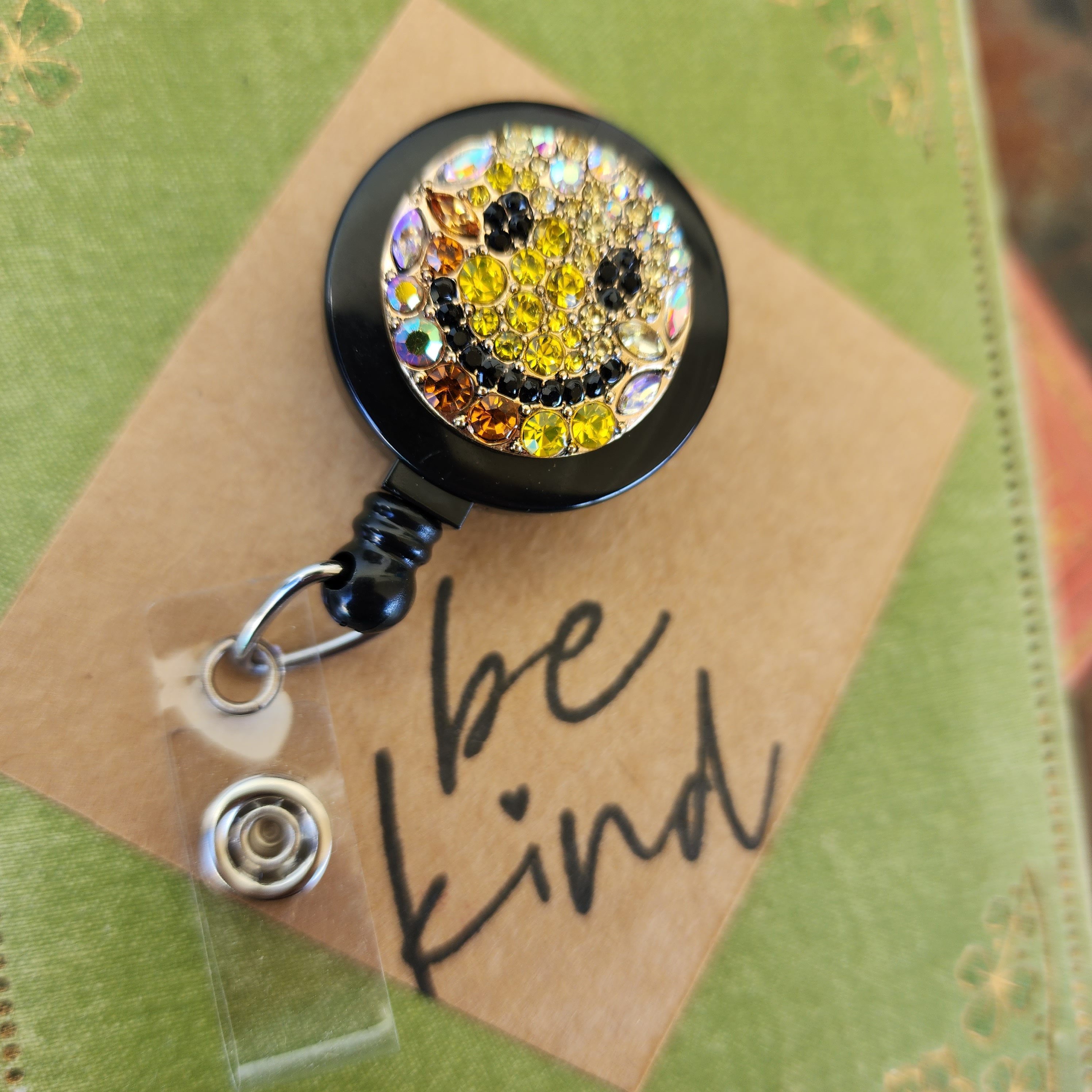Hippie Happy Face Badge Holder Nurse Badge Reel Retractable Rhinestone Badge Clip Sparkling Card Holder Nurse Gift RN Bling Boho Reel