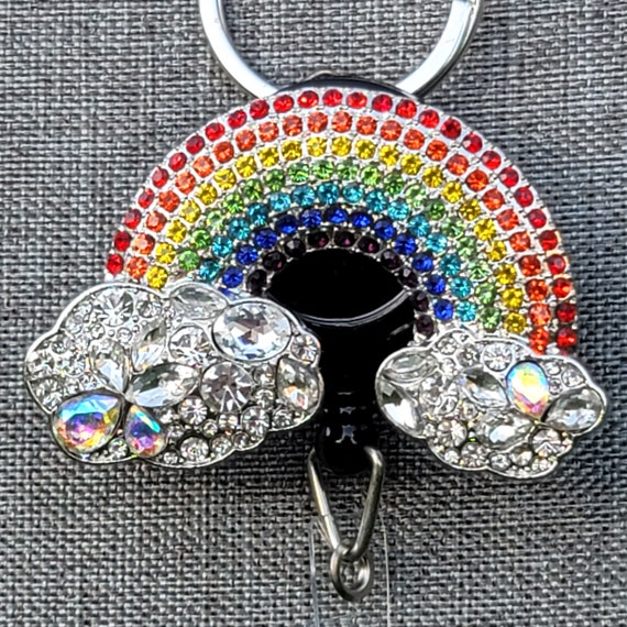 Rainbow Badge Reel Pride Rainbow  ID Badge  Retractable Reel Rainbow Rhinestone Bling Name Badge Sparkle Rainbow Colorful