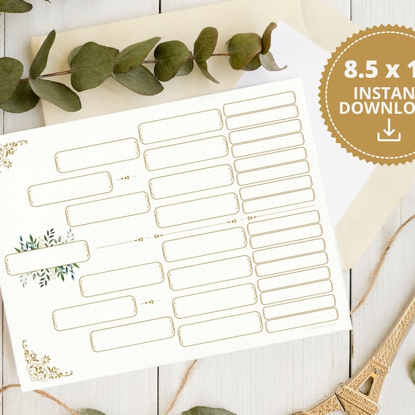 5 generation family tree template, Botanical gold family tree chart download print for 50th or 70th birthday gift