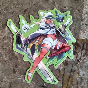May include: A green, white, and red anime sticker featuring a female character with a sword and a white hat. The character is wearing a white and red outfit and has long, white hair. The sticker has a green background with white and black accents.