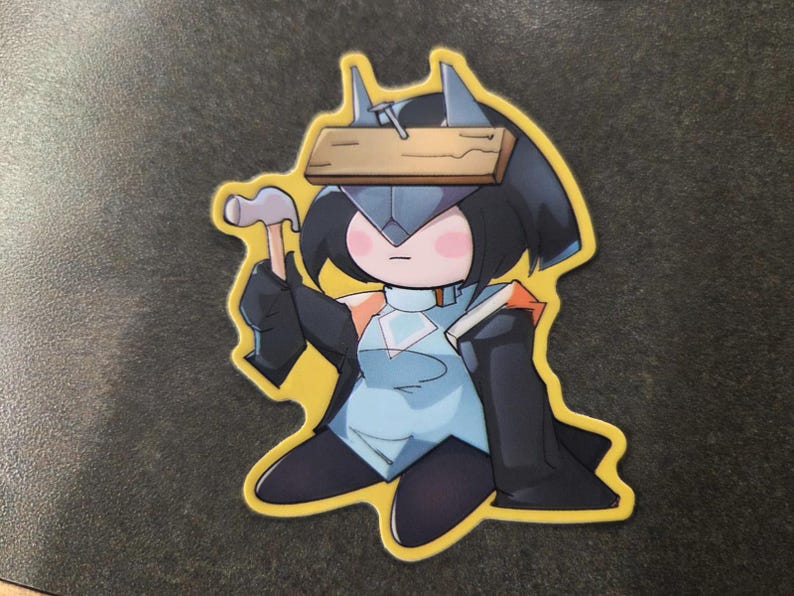 May include: A sticker featuring a cartoon character with a hammer and a wooden plank on their head. The character wears a blue and black outfit with a yellow outline. The hammer is held in the right hand.