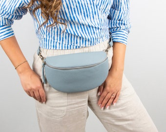 Belly Bag Leather for Women with Strap, Crossbody Bag with Silver Zipper, Fanny Pack, Waist Bag, Sling Bag, Leather Shoulder Bag, Blue