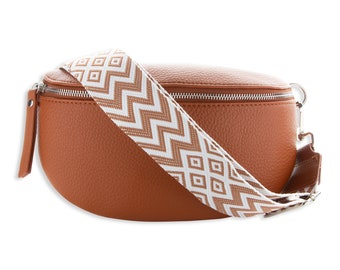 Brown Crossbody Bag with Strap, Belly Bag for Women with extra Patterned Straps, Sling Bag, Leather Belt Bag, Gift For Her, Waist Bag