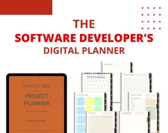 Op de afbeelding: De digitale planner voor softwareontwikkelaars is een digitale planner die is ontworpen voor softwareontwikkelaars. De planner bevat een kalender, user stories, een tijdlijn, vereisten, scrum-notities en whiteboards. De planner is beschikbaar als digitale download.