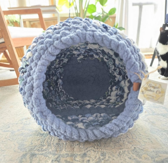 Blues Handknit Cozy Cat Cave: Hideout - Plush Pet Bed, Washable Lounger, Calming Retreat