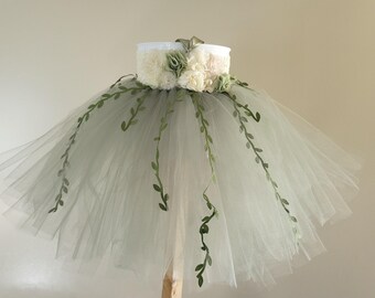Sage Green Tulle Tutu Dress: Ivory Crochet Top, Chiffon Flowers
