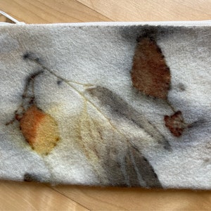 eco print wool felt fabric on canvas pouch, purse, bag, botanical print, original, eucalyptus