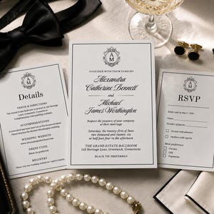 3pc Old Money Wedding Suite | Elegant Black White Invitation Canva | Ornate Monogram Crest Details RSVP Pack | Formal 5x7 Vogue Set