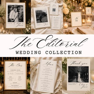 May include: A wedding stationery collection featuring off-white paper with black serif typography and black-and-white photography. The set includes a welcome sign, RSVP card, table number, bar menu, dinner menu, and thank you card with elegant script accents.