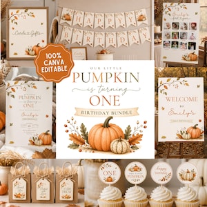 Our Little Pumpkin is Turning One Birthday Bundle, Fall 1st Birthday Party Decorations Pack, Pumpkin Theme Welcome Sign Invitation Template