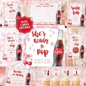 May include: An 18-piece baby shower bundle featuring pink and white checkered borders, red script text, and illustrations of glass cola bottles and cherries. Includes signs for a soda bar, arrival dates, and invitations with the text She's Ready to Pop.
