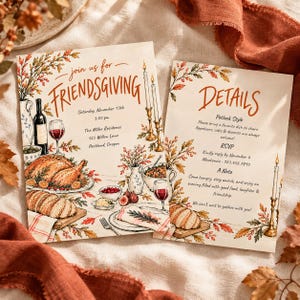 Friendsgiving Invitation and Details Card Template, Rustic Autumn Dinner Party Invite Set, Thanksgiving Potluck Printable 5x7