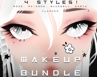 Può includere: Un'illustrazione digitale di un personaggio anime con i capelli bianchi, occhi grandi e guance rosa. Il personaggio indossa il trucco e ha un disegno floreale sul viso. Il testo "4 STYLES!" è in cima all'immagine, e il testo "MAKEUP BUNDLE" è al centro dell'immagine. Il testo "ROSE. RAINBOW. BLUEBELL. EARTH +LASHES" è sotto il testo "4 STYLES!" Il testo "YLVIE" è in fondo all'immagine.