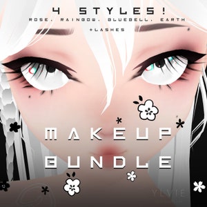 Puede incluir: Una ilustración digital de un personaje de anime de cabello blanco con ojos grandes y mejillas rosadas. El personaje lleva maquillaje y tiene un diseño floral en la cara. El texto "4 STYLES!" está en la parte superior de la imagen, y el texto "MAKEUP BUNDLE" está en el centro de la imagen. El texto "ROSE. RAINBOW. BLUEBELL. EARTH +LASHES" está debajo del texto "4 STYLES!" El texto "YLVIE" está en la parte inferior de la imagen.