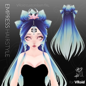Puede incluir: Ilustración digital de un personaje de estilo anime con cabello largo y fluido azul y turquesa. El personaje lleva un top negro y un tocado decorativo. El texto en la imagen dice "EMPRESS HAIRSTYLE" y "Vroid customitem file."