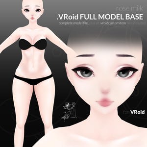 May include: A digital illustration of a female avatar in a black bikini. The avatar has pale skin, large eyes, and a bald head. Text on the image reads ".VRoid FULL MODEL BASE" and "rose milk".