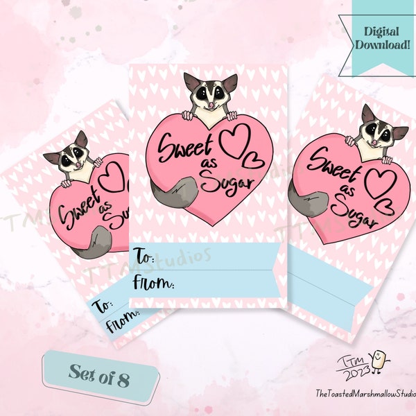 Sweet Sugar Glider Valentine Cards / Set of 8 Valentine's Cards / Kids Valentines / Classroom Valentines / INSTANT DOWNLOAD