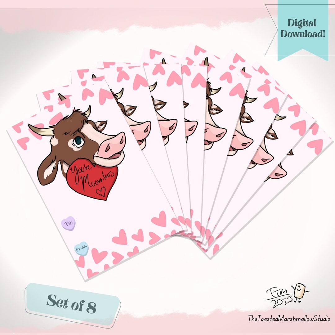 Cute Cow Valentine Cards / Set of 8 Valentine's Cards / Kids Valentine ...