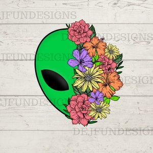 May include: Green alien head with a floral crown of pink, yellow, orange, and purple flowers. The flowers are drawn in a vintage style.